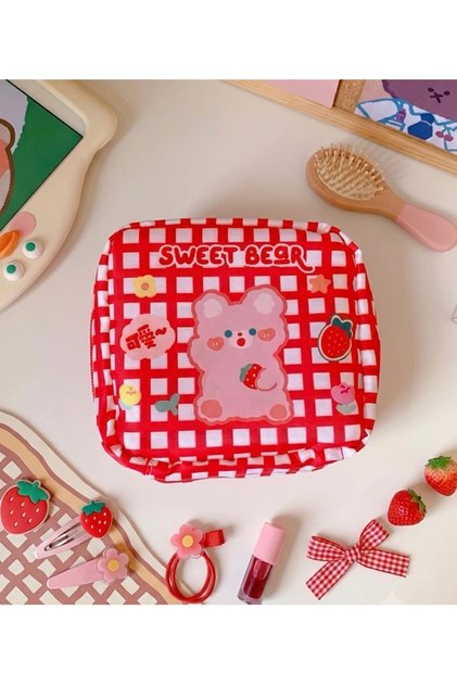 Kawaii Teddy Cute Teddy Bear Patterned Sanitary Pad Bag | Organizers | Makeup & Cosmetic Storage Bag | Zippered Mini Organizer