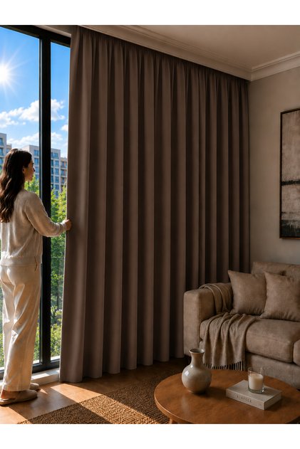 Dark Blackout Mink Blackout Background Curtain Sunlight-Proof Non-Pleated Single Wing Tulle Curtain
