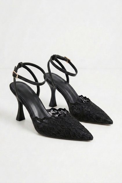 Black Mesh Ankle Strap Pointed Toe Women's Heeled Evening Dress Shoes