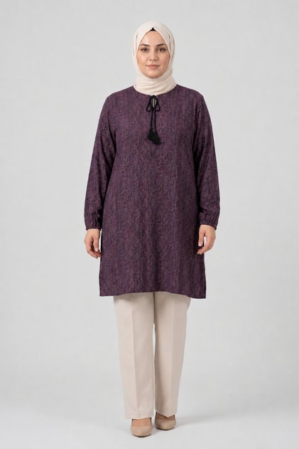 Women's Geometric Speckled Patterned Crew Neck Lace-Up Woven Viscose Tunic