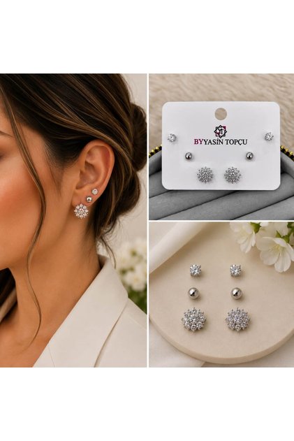 Silver Renk Kar Tanesi Figürlü Zirkon Taşlı 6'lı Küpe Seti