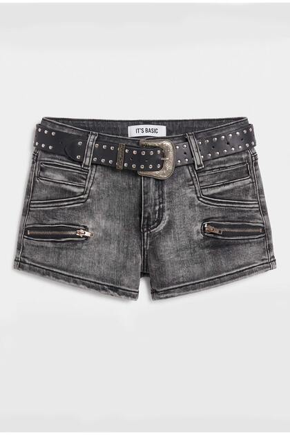 Kadın Koyu Füme Mini Kemer Dahil Özel Tasarım Denim Şort