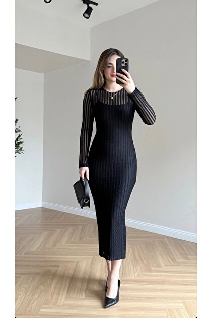 Midi Boy Çizgili Dantel Elbise 135 CM