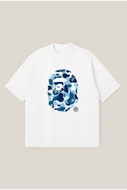Tricou unisex Bape Blue Ocean, cu imprimeu, croială supradimensionată, 100% bumbac | Streetwear