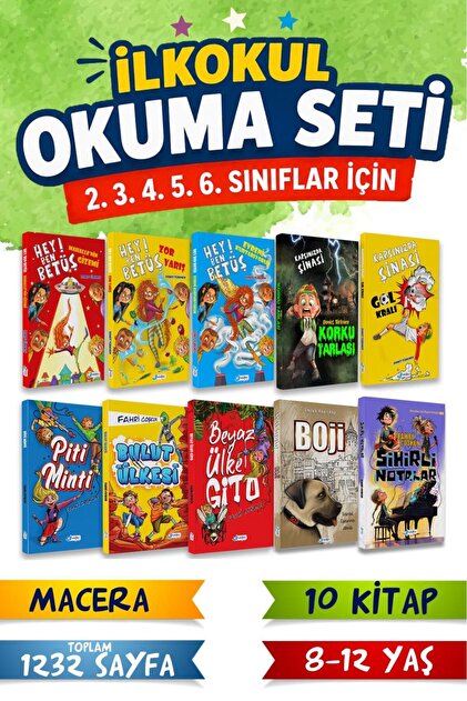İlkokul - Ortaokul Okuma Kitap Seti 8 - 12 Yaş 10 Kitap 2. 3. 4. 5. ve 6. Sınıf Macera Roman Seti - 1232 Sayfa