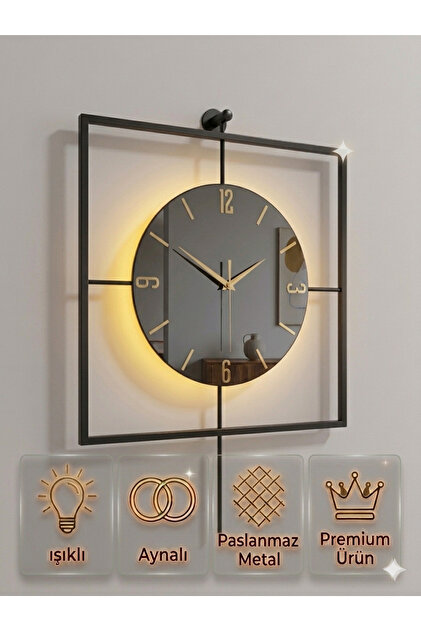 LED Işıklı Aynalı Kare Metal Duvar Saati 60x46 cm | Modern Dekoratif Sessiz Akan Mekanizma | Siyah Çerçeve