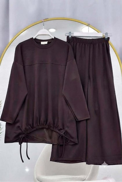 Drawstring Detailed Trousers Double Suit Set Brown