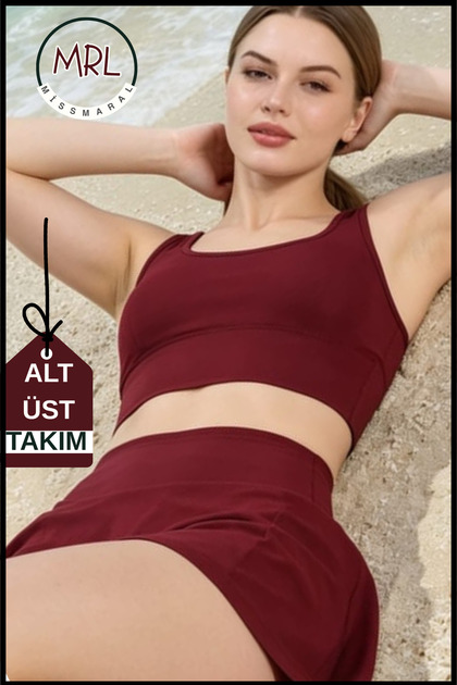 Women's Burgundy Shorts Swimsuit Set with Inner Boxer, 2 Layer Pockets, and Breast Pads for Gathering and Support