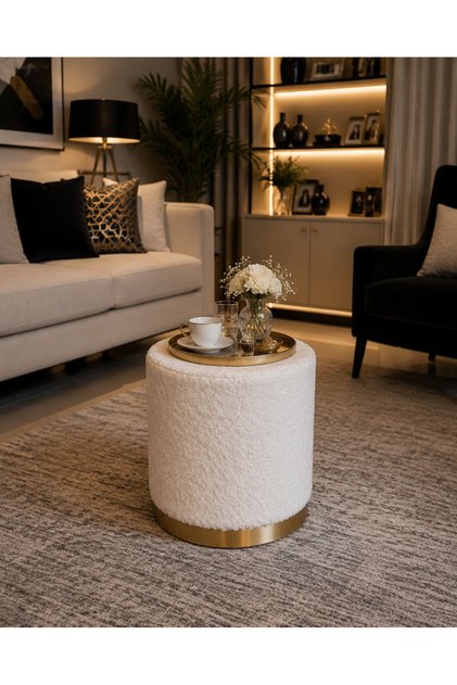 Gold Şeritli Peluş Silindir Puf Ekru- Açık Krem | Dekoratif Makyaj Masası, Salon ve Yatak Odası Oturma Pufu