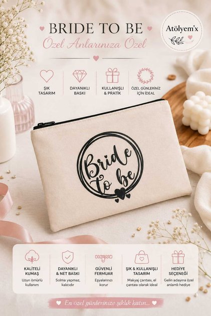 Düğün, kına, nişan, söz vb. gelin hediyelik 2'li paket clutch çanta ham bez tasarım Bride To Be