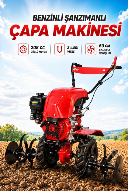 Benzinli Şanzımanlı Çapa Makinesi 208 CC 4 kW 2 İleri Vites 60 cm Toprak Çapalama Makinası Bahçe