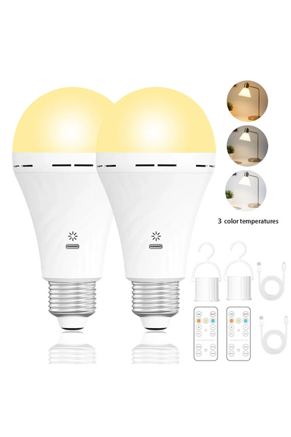 2PCS USB-C Rechargeable Emergency Bulb with E27 Socket, Tri-Color Temperature (3000K-6000K), Remote