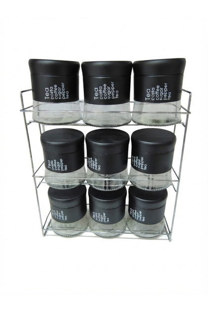 9-Piece Glass Spice Jar Set with Chrome Rack - Airtight Seasoning Containers with Labeled Black Lids