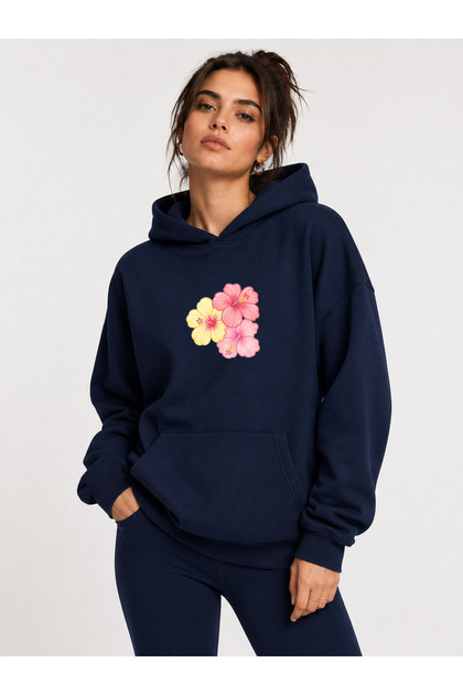 Floral Printed Hooded 2 Thread Threaded Sweatshirt