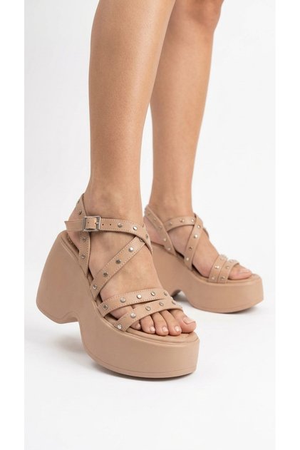 Nude High Sole Side Buckle Leather Shiny Metal Detailed Open Front Summer Women's Sandals Shoes