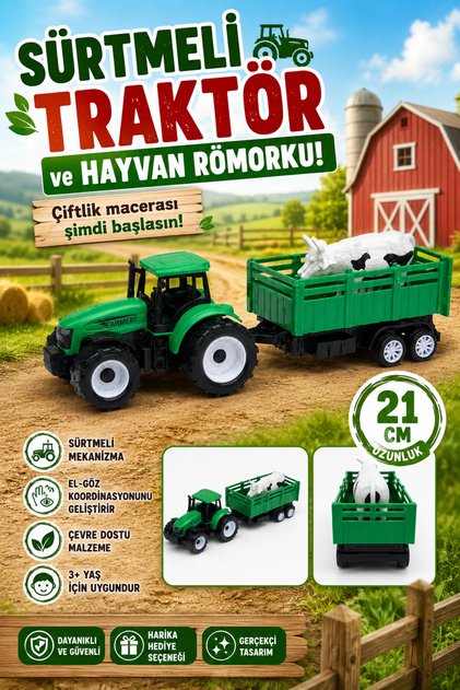 Toy Friction-Powered Tractor and Animal Trailer Farm Set 21 cm