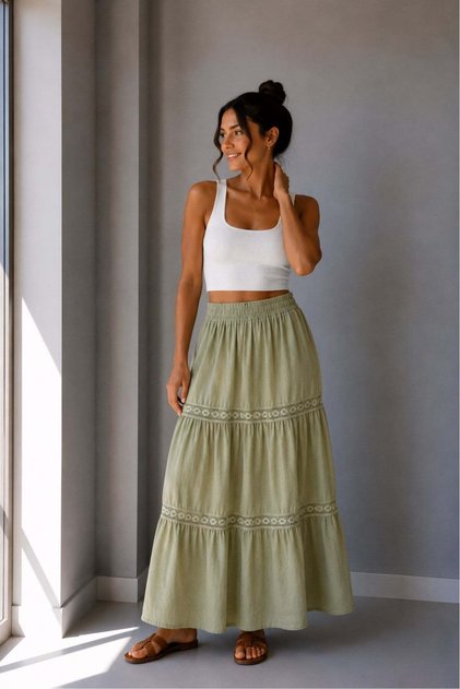 1034 Women's Muslin Lace Detailed Elastic Waist Maxi Skirt Khaki