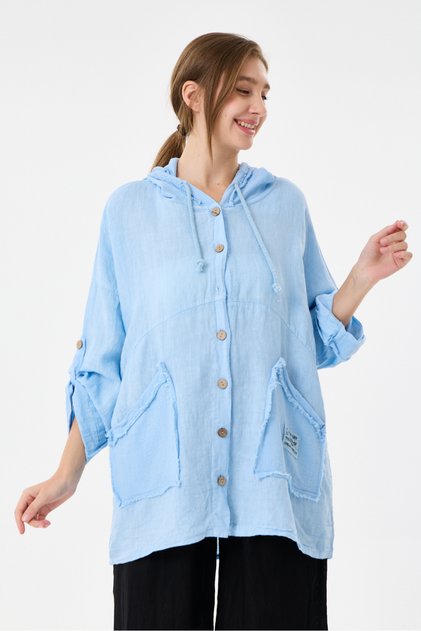 Women's Baby Blue Italian 100% Linen Hooded Foldable Long Sleeve Shirt Jacket 40 - 46 Size