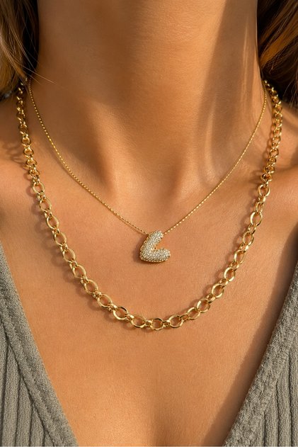 Gold Color Bombeli Heart Model Zircon Stone Detail Women's Necklace