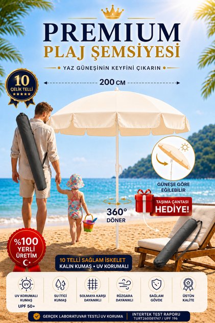 Premium Plaj Şemsiyesi 200 cm - Taşıma Çantası Hediyeli - UPF 50+ UV Korumalı - 10 Çelik Telli 360° Döner Mafsallı