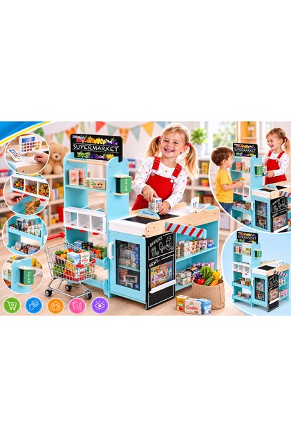 Ahşap Oyuncak Süpermarket Market Alışveriş Oyun Seti 58 Parça Yazar Kasalı Çocuk Marketi 3+ Yaş