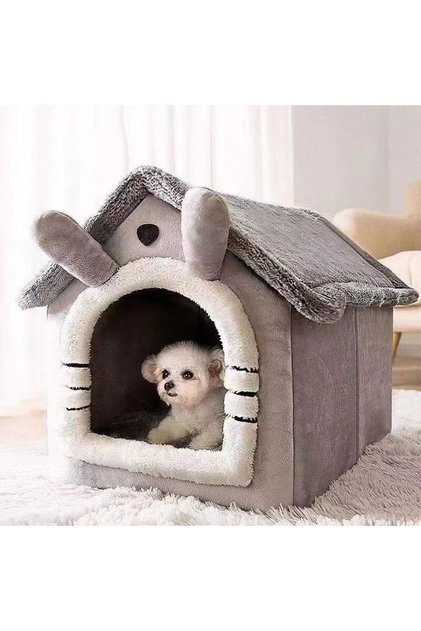S gray All Season Dog House Style Bed - Removable Washable Pet Bed for Small Dogs Teddy Winter Warm