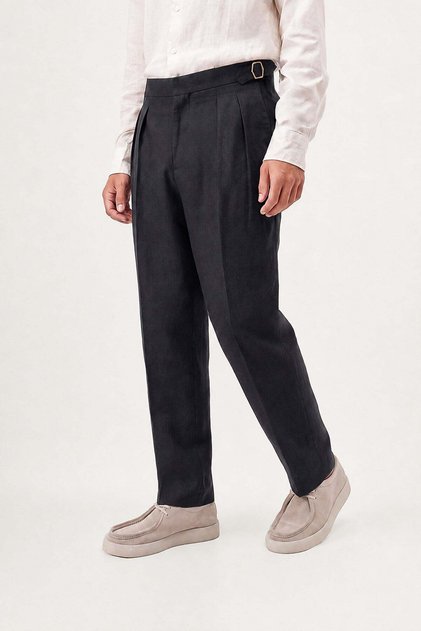 Black 100% Linen Double Pleated Trousers