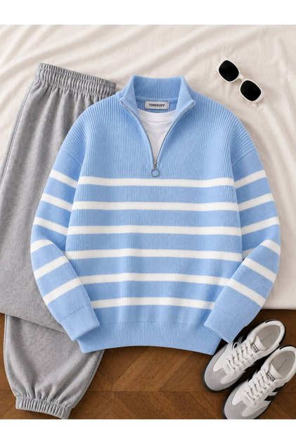 Women's Half Zipper Striped Knitwear Sweater High Neck Comfortable Fit Soft Textured Casual Stylish Winter Sweater