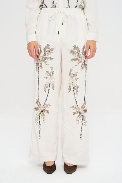 Women's Palm Bead Embroidered Ecru Palazzo Trousers with Elastic Waist