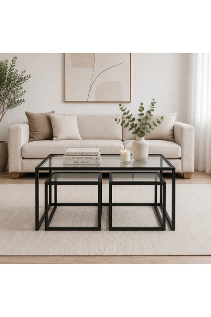 Loft Siyah Şeffaf Cam 3 lü orta Sehpa Metal Çerçeveli Temperli Cam