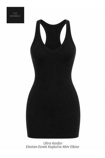 Black Women's Stretchy Camisole Ribbed Look Halter V-Neck Dress