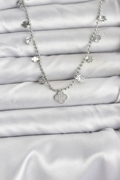 Brass Silver Color Clover Model Women's Necklace 5886