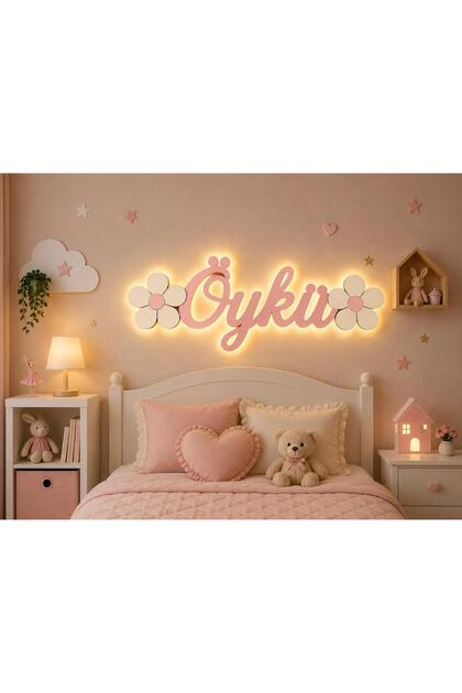 Kişiye Özel LED Işıklı İsimlik | Kız Çocuk Odası Duvar Dekoru | Çiçekli Ahşap İsimlik