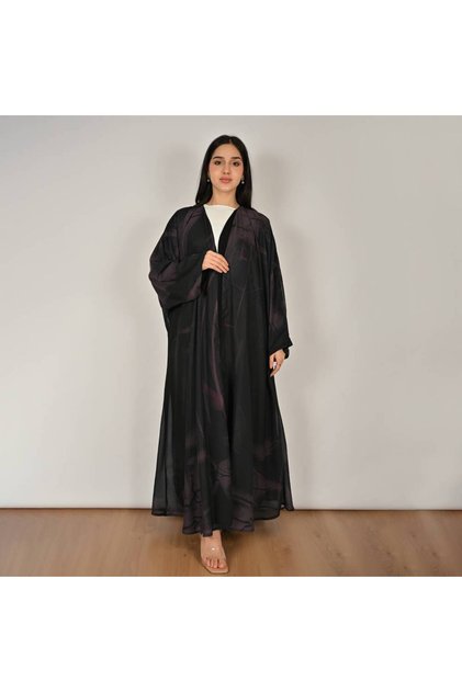 Double Face Wrap Abaya with Summer Design and Flowy Cloche Cut - Black and Purple