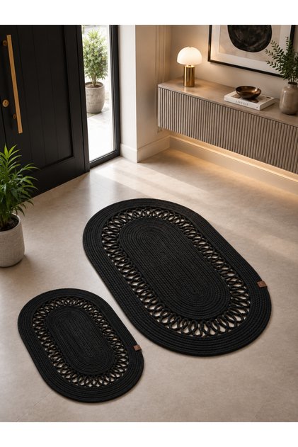 طقم سجاد زخرفي بيضاوي الشكل منسوج من القش باللون الأسود مكون من قطعتين 40x60 / 50x80 أسود