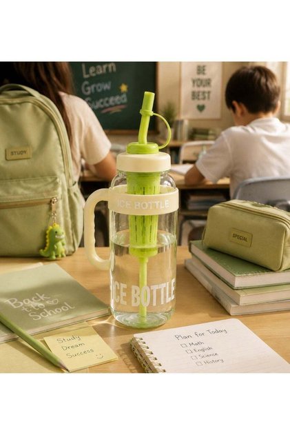 ICE BOTTLE Water Bottle 1300ml, BPA Free Plastic Bottle with Straw, Internal Infuser, Leakproof Lid & Handle, Reusable Hydration Bottle for School, Gym, Travel, Sports and Daily Use