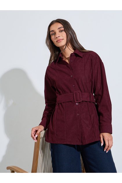 Burgundy Longline Corduroy Shirt with Belt