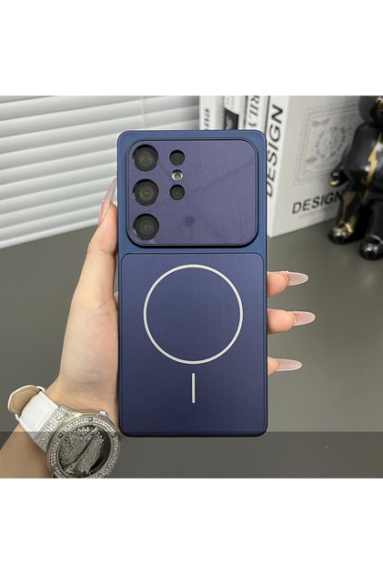Galaxy S24 Ultra Blue Large Window AG Glass Armor Phone Case For S26 Ultra S25 S24 S23 Plus Cover