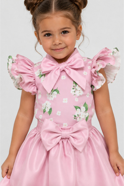 Girl's Floral Patterned Satin Special Occasion Double Set 7155