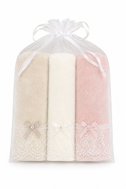 3-Piece Lace Hand and Face Towel Set 30X50 cm in Pouch, Dowry Gift, Gift, Kitchen Trivelna