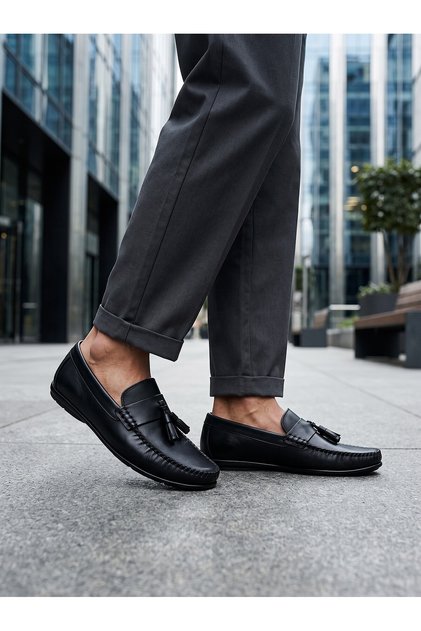 Genuine Leather Tassel Detail Flat Sole Flexible Soft Men's Loafer Ballet Shoes