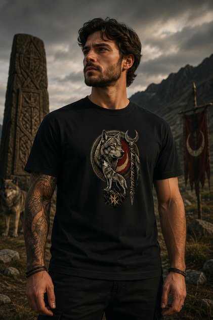Unisex Black Wolf Moon Star Printed T-Shirt – Special Design T-Shirt with Turkish Motif Wolf Pattern