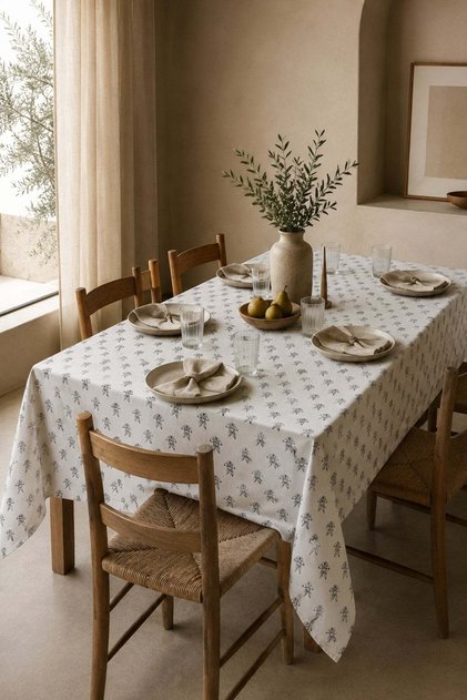 Duck Fabric Tablecloth Floral Pattern Block Print White Dining Table Cloth