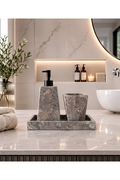 Doğal Traverten Taş Banyo Seti – Sıvı Sabunluk ve Diş Fırçalık | Minimal Lüks Tasarım