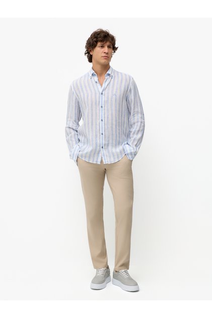 Mavi Çizgi Desenli Modern Fit Keten Gömlek