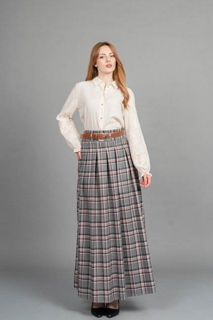Women's Winter Plaid Checkered Patterned Side Zipper Belted Maxi Skirt 6846