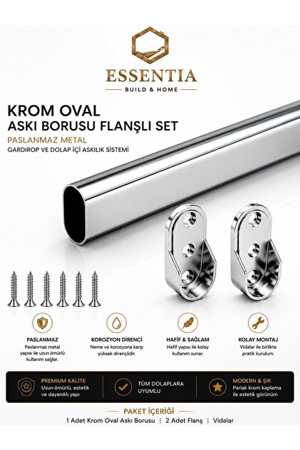 Krom Oval Paslanmaz Metal Dolap İçi Askı Borusu 105cm + 2 Adet Flanş + Vida