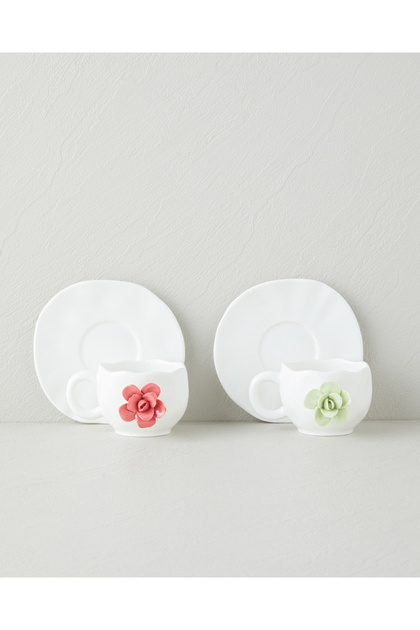 Rosea New Bone China 4 Piece 2 Person Coffee Cup Set 100 ml Pink - Mint