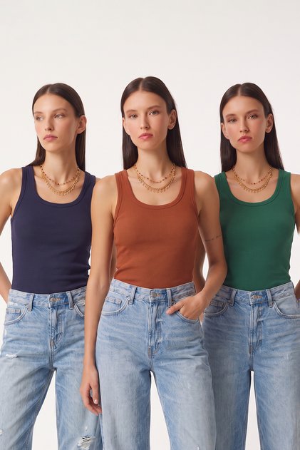 3'lü Fitilli Kalın Askılı Örme Atlet LRN0060 YEŞİL LACİVERT KİREMİT