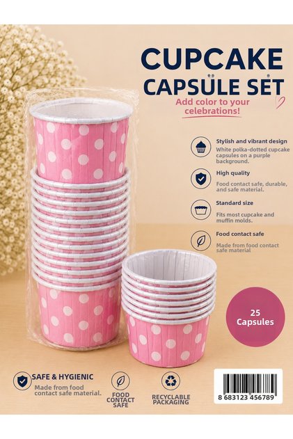 Cupcake Capsule Thick, Non-Bending, Mold-Free Use, 25 Pieces, Pink Polka Dot